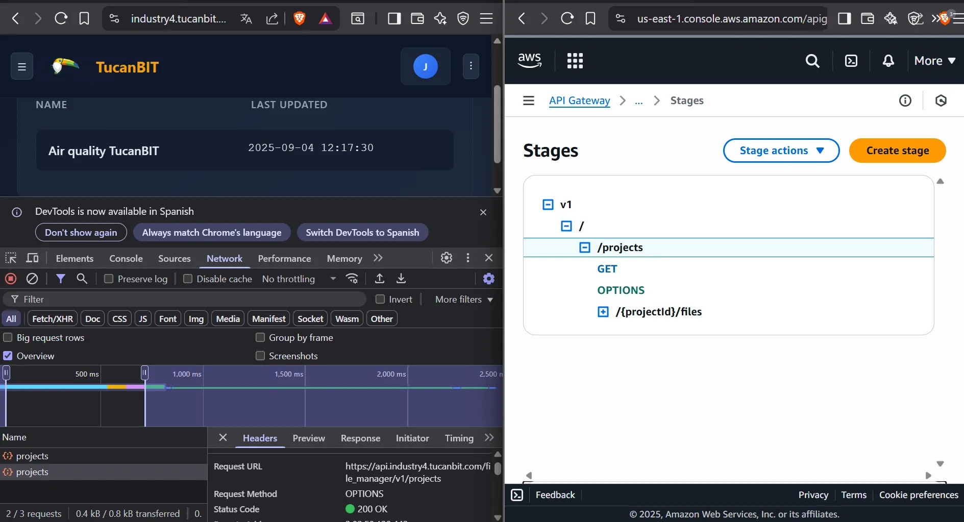 APIGateway + Lambda Integration Projects by organization screen